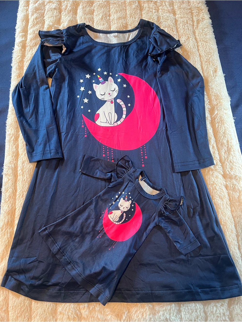 Navy Girls' Nightgown with Pink Moon & Cat Graphic
